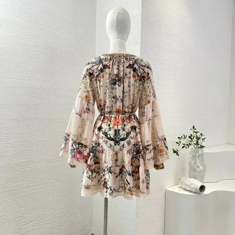 Woman Nude Floral Print Lace Patchwork Long Sleeve Loose Mini Dress for 2024