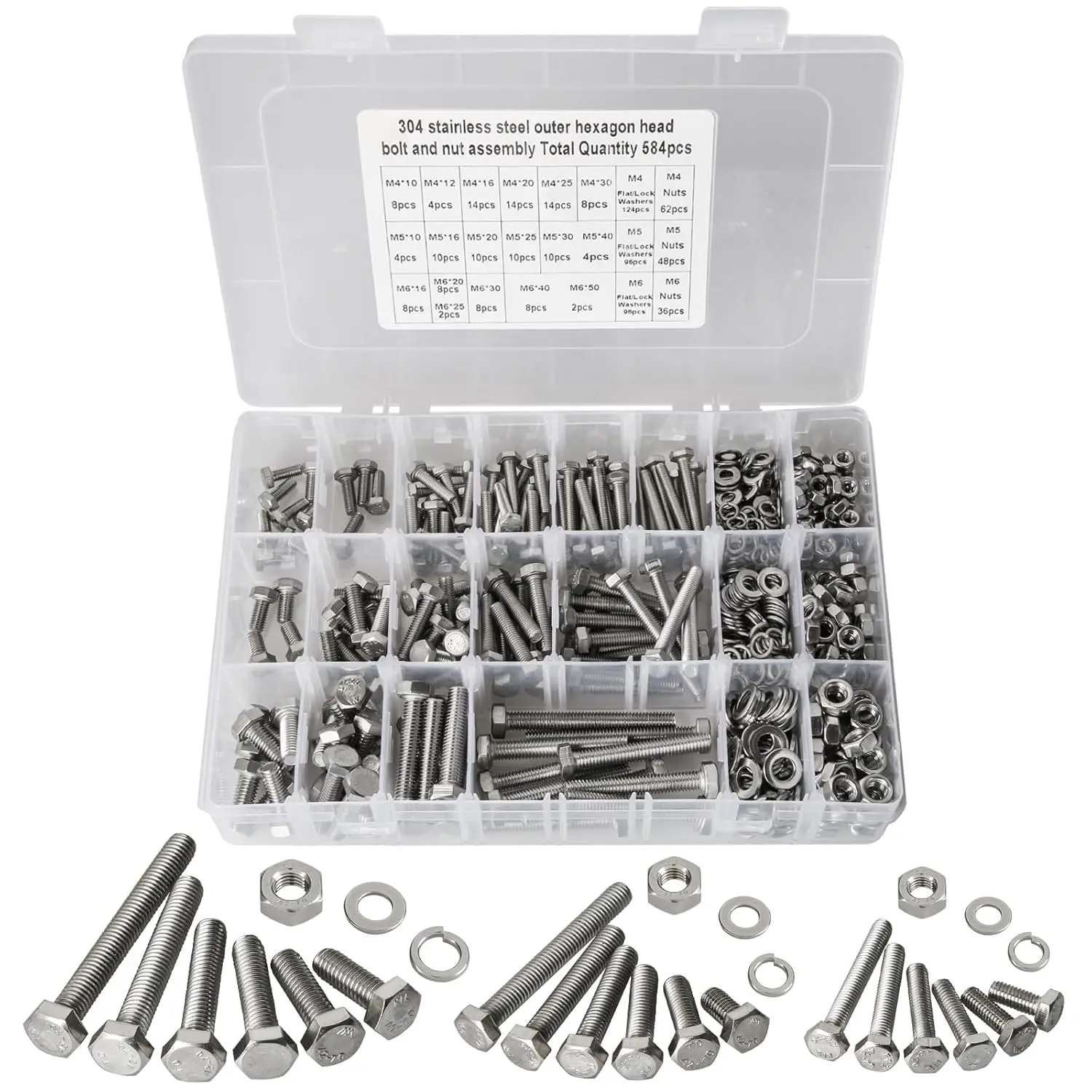 

584 PCS M4 M5 M6 Metric Bolts Set, A2-70 Hexagonal Bolts, 304 Stainless Steel Heavy-duty Flat Head Hexagonal Head Screws and Nut