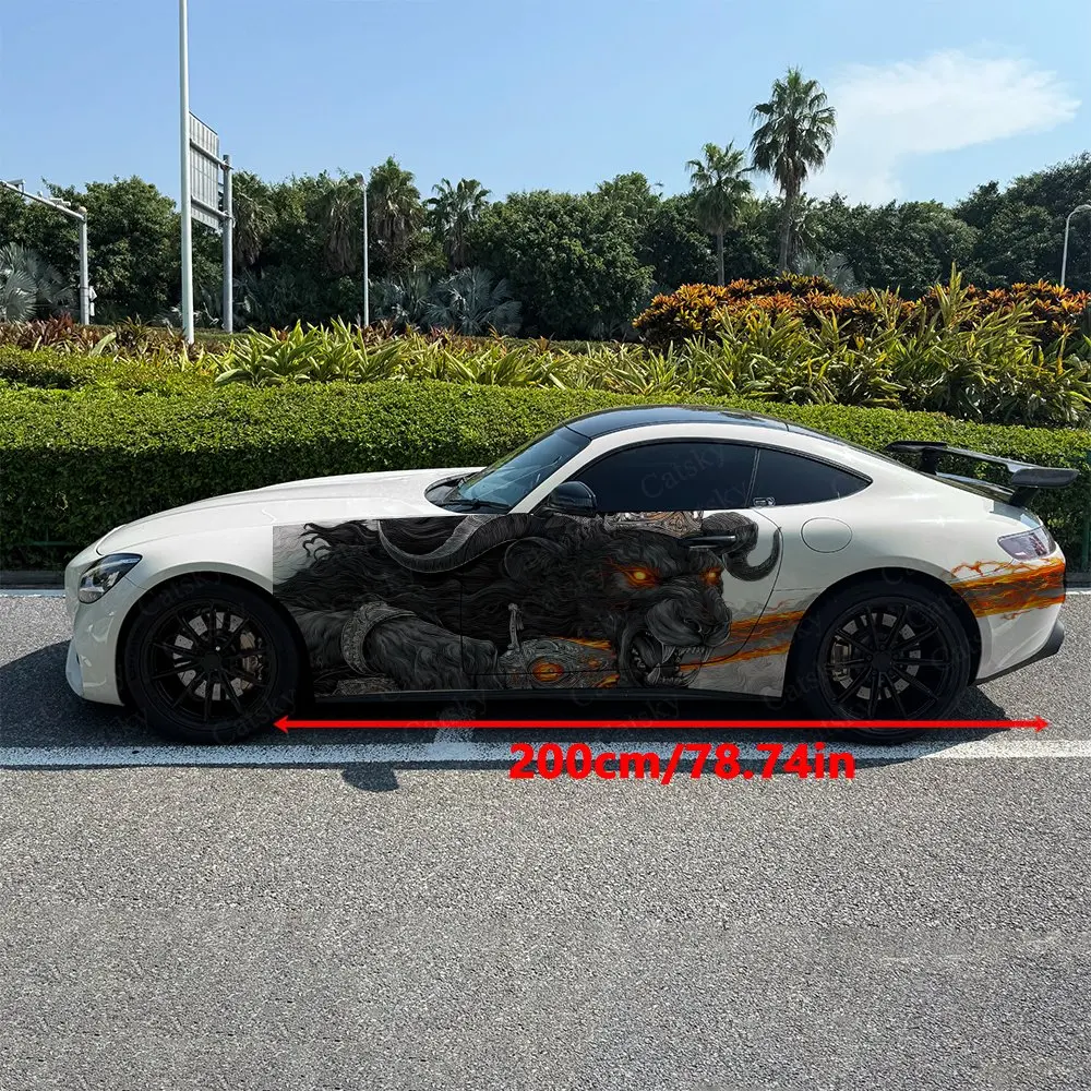 2pcs Dark Flame Demon Bull Car Side Wraps, Self-Adhesive PVC Waterproof & Scratch-Resistant Stickers, Car Accessory Gift