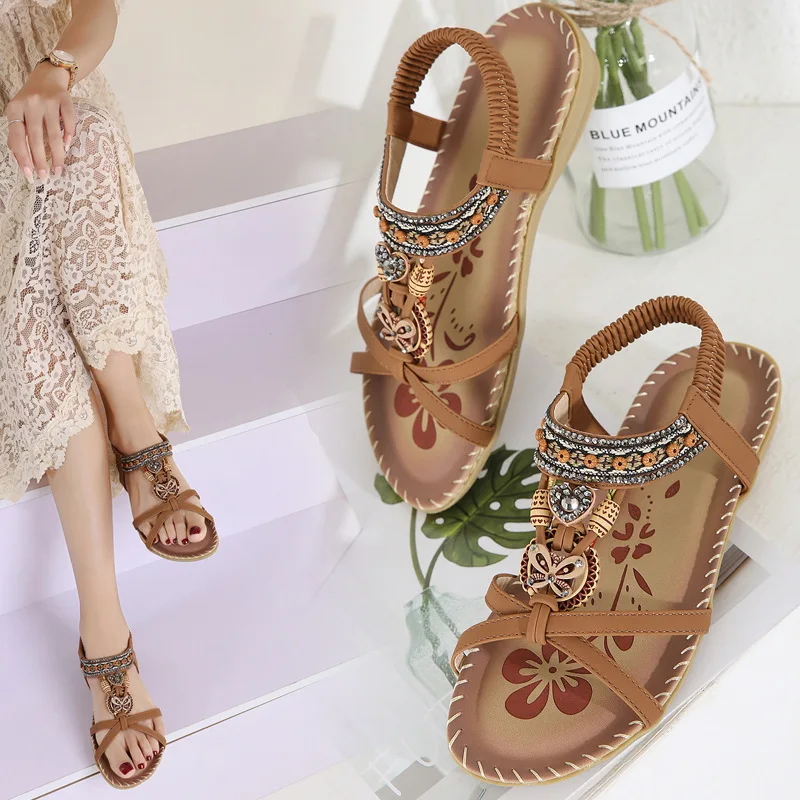 Women Rhinestone Flower Sandals Bohemia Style Light Slippers Thick Sole Large Size Slippers Open Toe Shoes Chaussures Femme