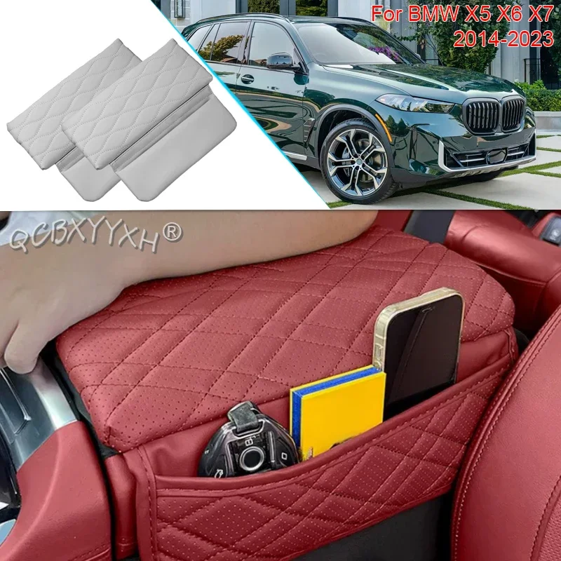 Car Armrest Box Cover Protector With Storage Pocket For BMW X5 X6 X7 2014-2023 Auto Center Console Armrest Cushion Heighten Pad