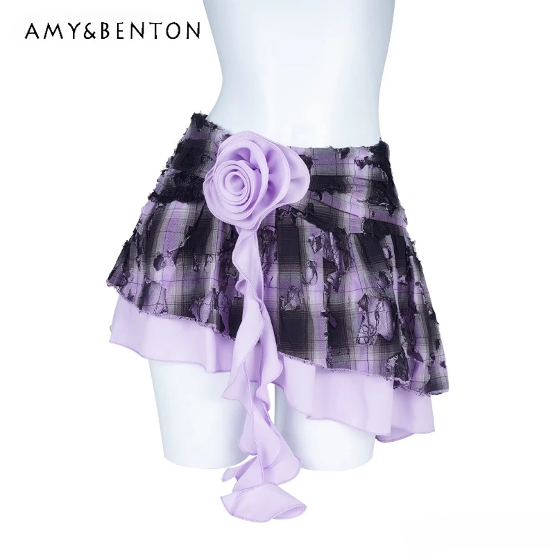 

Vintage Design Higth Waist Purple-Black Checkered Lace Splicing Women's Skirt 2025 Autumn New Sweet Cute Irregular Skirts Ladies