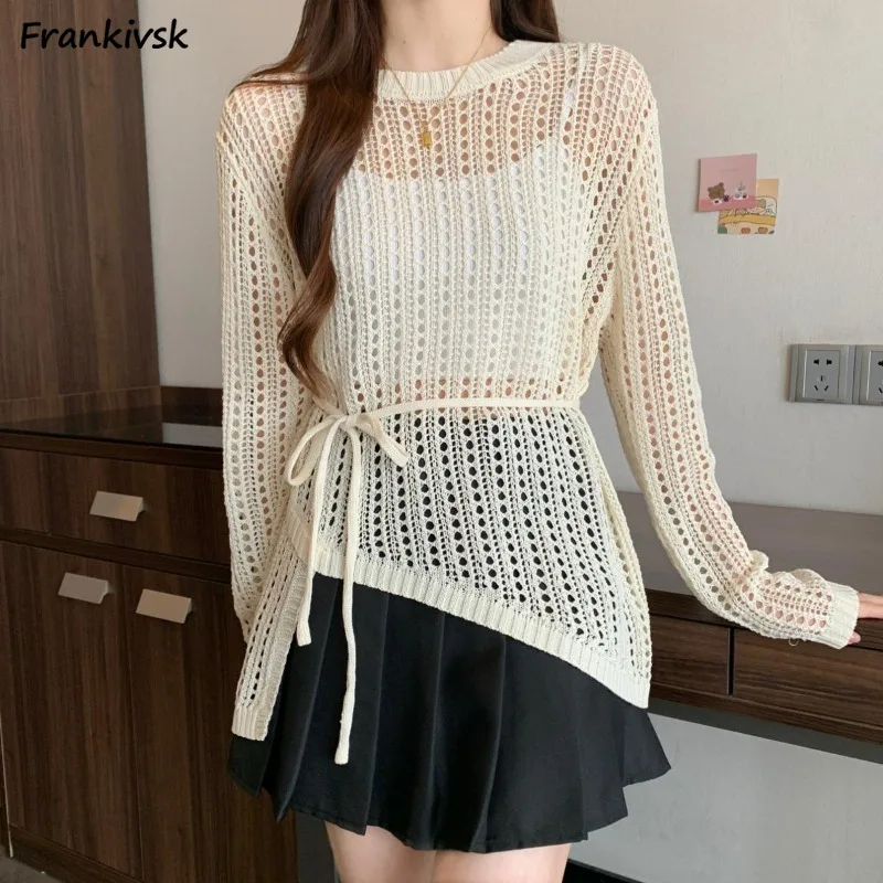 Women Long Sleeve Pullovers Summer Cozy Hollow Out Irregular All-match Bandage Aesthetic Simple Korean Style O-neck Young Ins