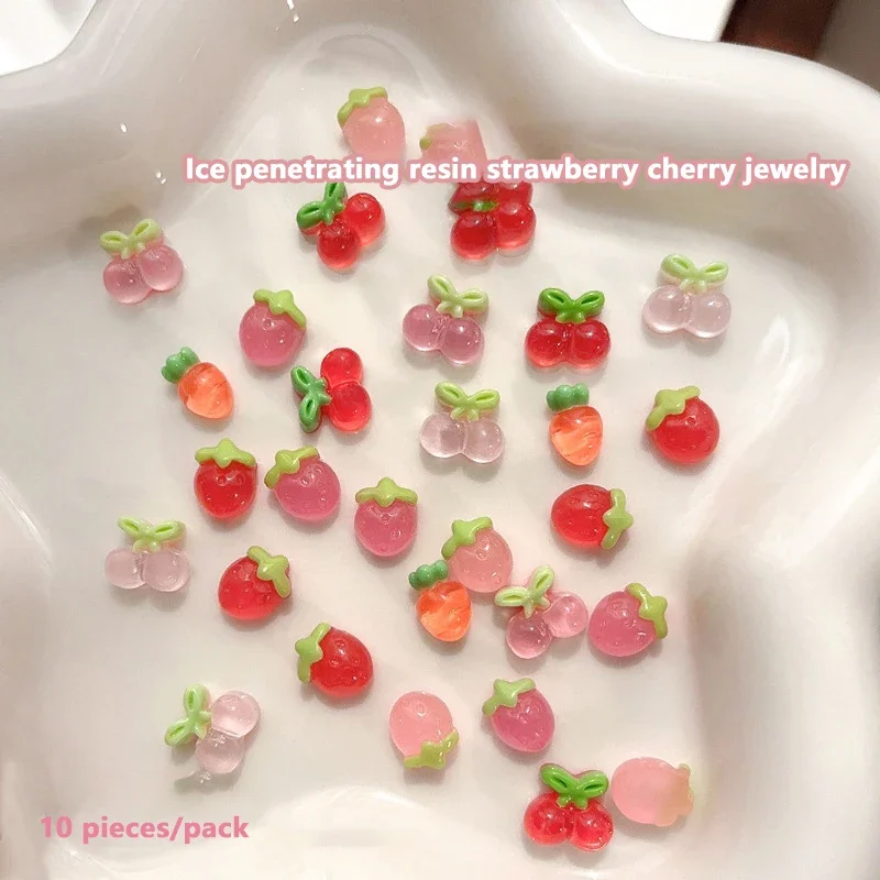 10 stks Hars Mini Kers Aardbei Nail Art Platte Achterkant Stenen Beeldjes Plakboek DIY Sieraden Decor Ambachten