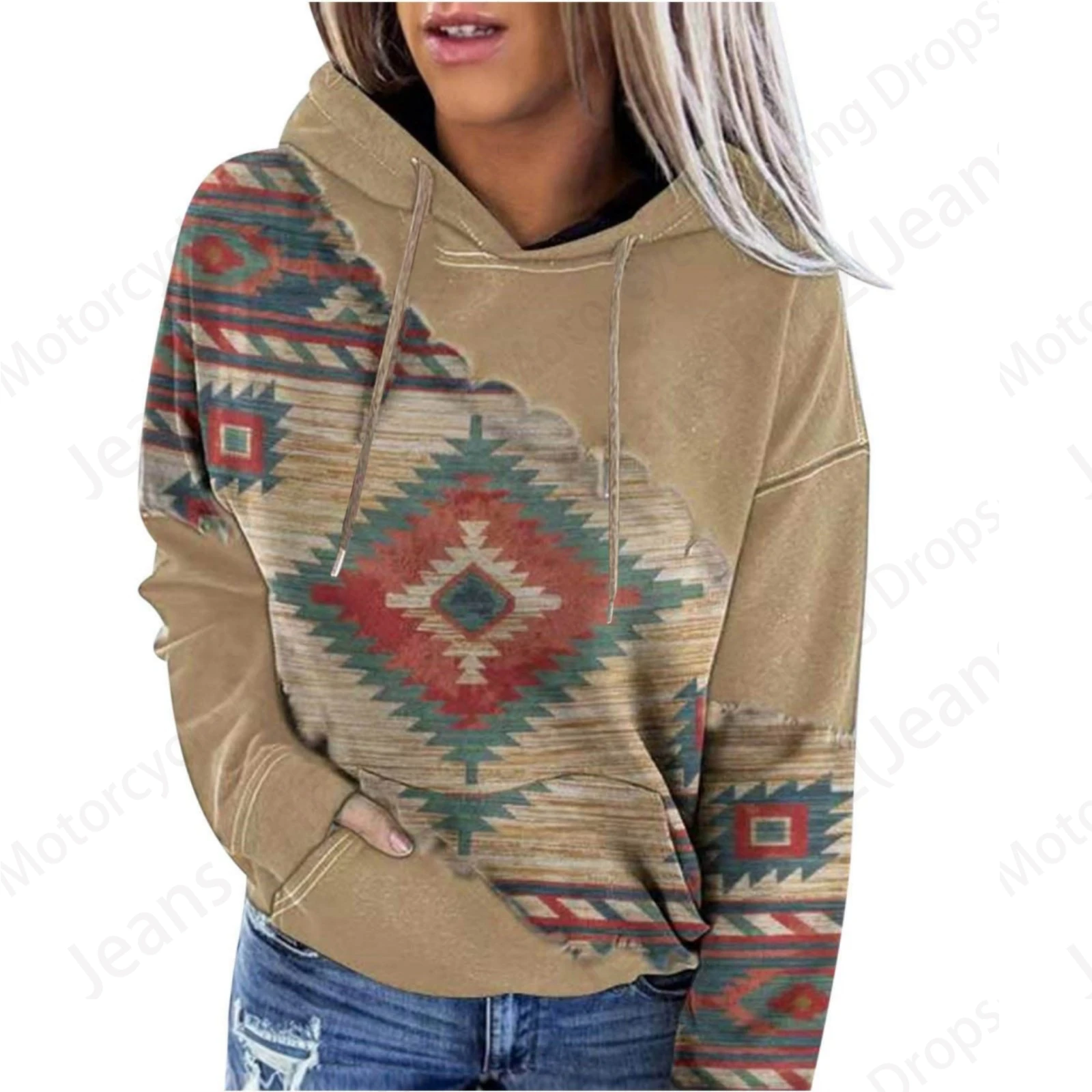 Geometric Print 3d Print Drawstring Hoodie Women Fashion Oversized Vintage Hoodies Women Sweats Letter Coat Sweatshirt Pullovers