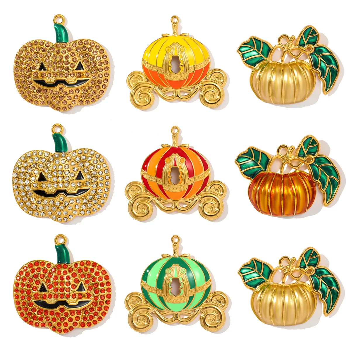 3pcs/Lot Retro Stainless Steel Rhinestone Jack-O-Lantern Necklace Pendant Enamel Carriage DIY Charm Women Halloween Jewelry