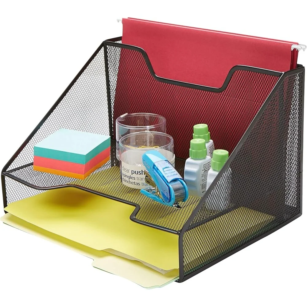 3 Section Mesh Desk Organizer File Tray Papers Folders Stationery Accessories Sturdy Metal Design Office Storage Solution