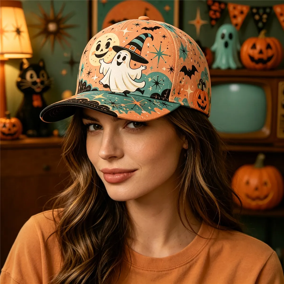 Customization Happy Halloween Vintage Witch Hat Moon Pumpkin Bat Pattern Costume Halloween Party Trick Or Treat Night Outdoor Tr