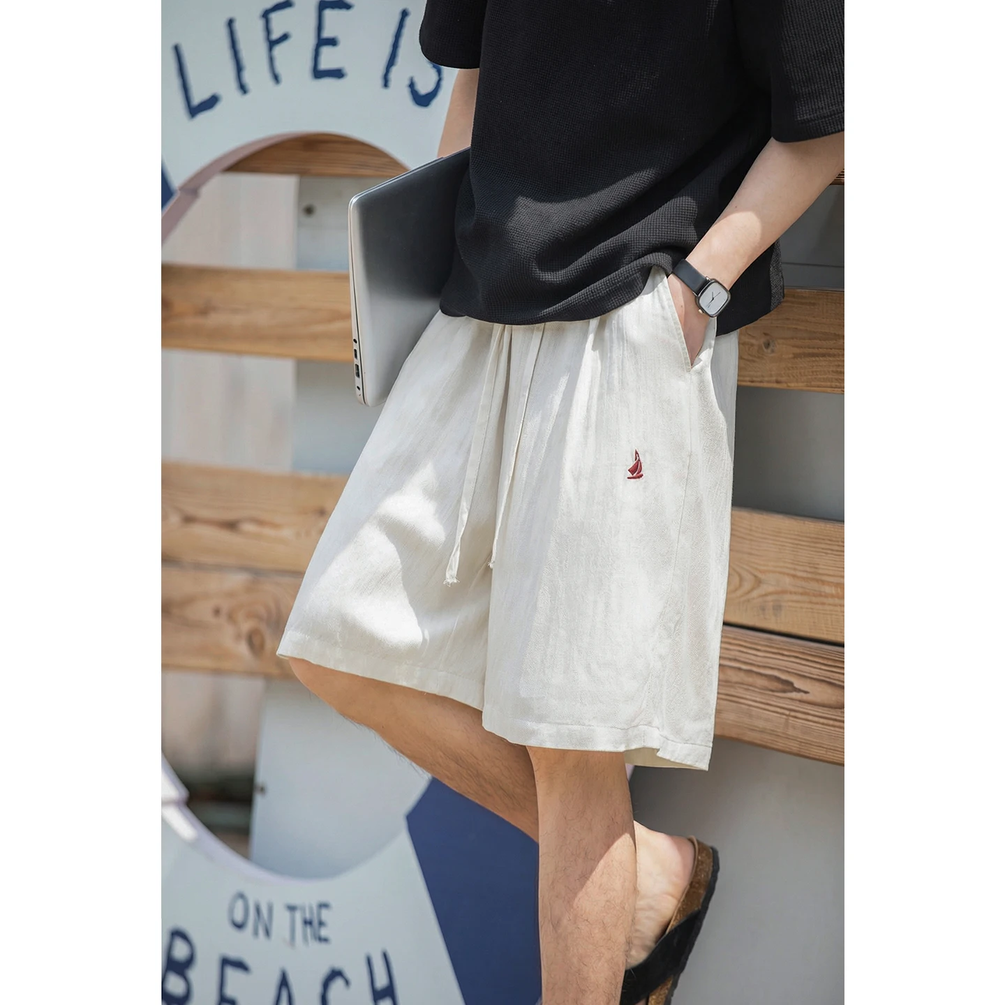 

Summer Brand Drapey Breathable Loose Men's Elastic Waist Drawstring Shorts Embroidery Casual Beach Home Breathable Casual Pants