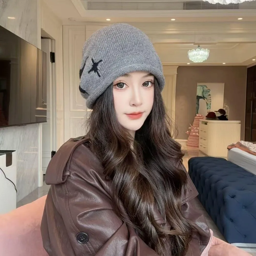 

Модная вязаная шерстяная шапка с узором в виде звезд, ветрозащитная, морозостойкая, с завязками, утепленная, для защиты головы, женская