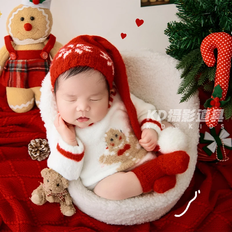 Christmas Newborn Photography Outfit Gingerbread Man Knitted Romper +Santa Pom-pom Hat +Socks  Baby Christmas Photo Shoot Props