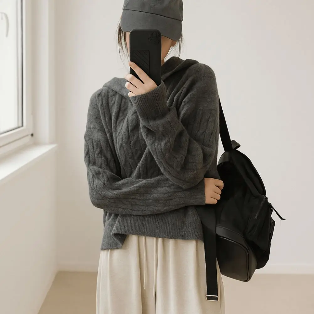 

Aesthetic Long Sleeve Knitted Hoodies Casual Pullover Hooded Sweatshirts Loose Simple Hooded Knitted Sweater Women