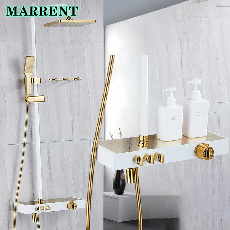 

Grey Thermostatic Bath Shower System Hot Cold Waterfall Bathroom Shower Mixer Faucets Luxury Brass Digital Bathroom Shower Set