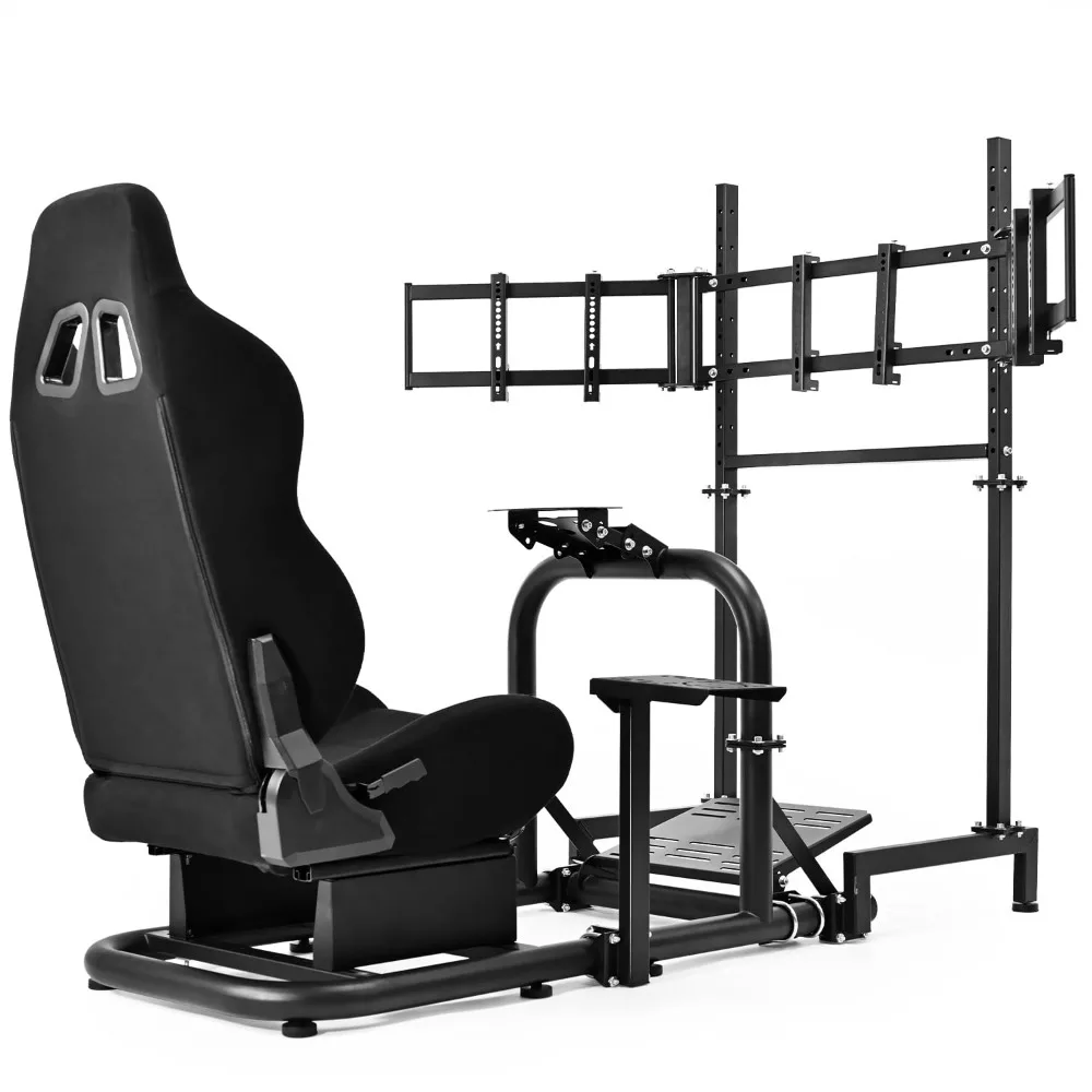 

Racing Simulator Cockpit Vertical Bracket with Triple Monitor Stand and Black Seat Compatible with Logitech/Thrustmaster
