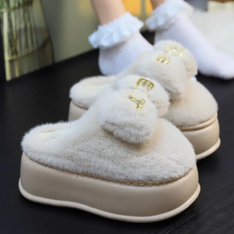 

Fashion metal bow slippers women platform fur slides ladies thick bottom furry slipper woman home flip flops shoe