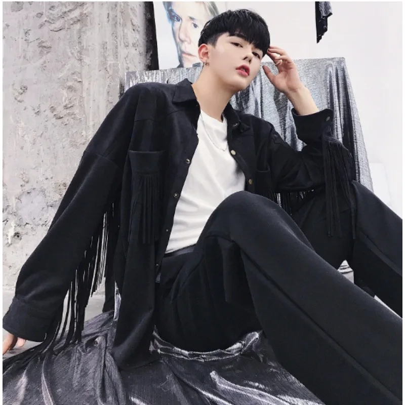 Spring Autumn Men Fringe Shirt Collar Jacket Long Sleeve Faux Suede Tassel Coat Moto Biker Tops Solid Fashion Partywear
