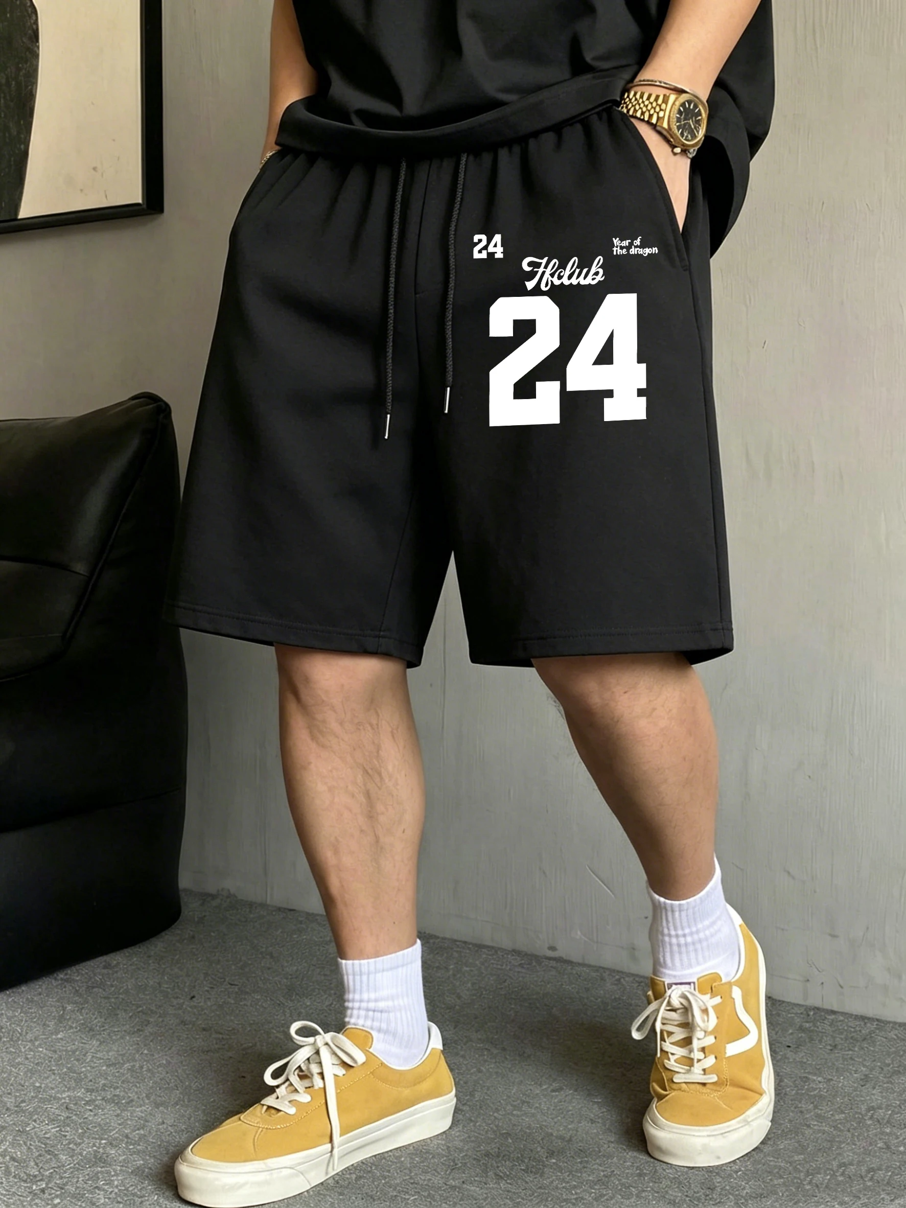 

Dragon Hclub 24 Print Pocket Pants Man Summer Fashion Drawstring Shorts All-Match Sportwear Unisex Street Retro Sweatpant
