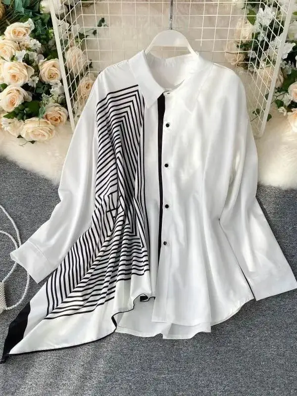 

White Women's Long Shirt Blouse Striped Top Cleanfit Waist A-Line Sleeve Short Polyester Non-Shrinking Chinese Production