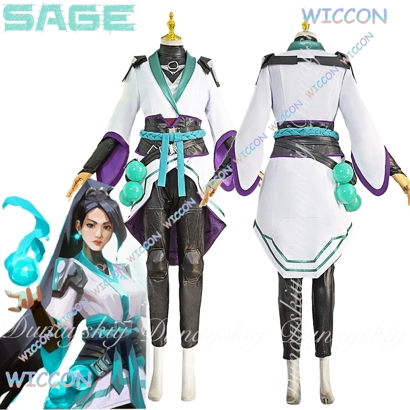 حكيم تأثيري آخر ممرضة مبللة كوس C VALORANT لعبة مع شعر مستعار أسود طويل ذيل الحصان مع زي قتال أبيض تأثيري حلي