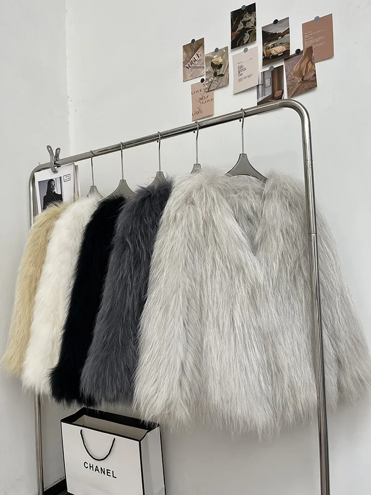 New Encrypted Imported Raccoon Fur V-neck Double-sided Woven Real Fur Mid-length Overcoat