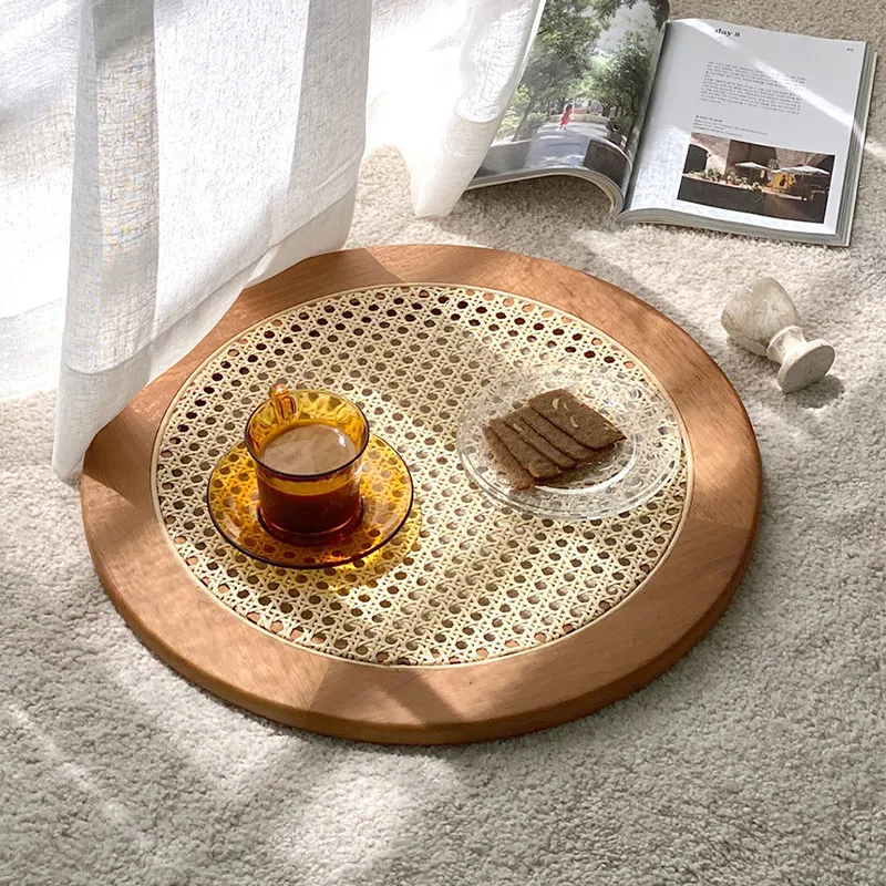 

Bohemian Rattan Tray, Round Wooden Fruit Bowl & Coasters Set, Vintage Kitchen Decor & Instagram Photo Prop for Home