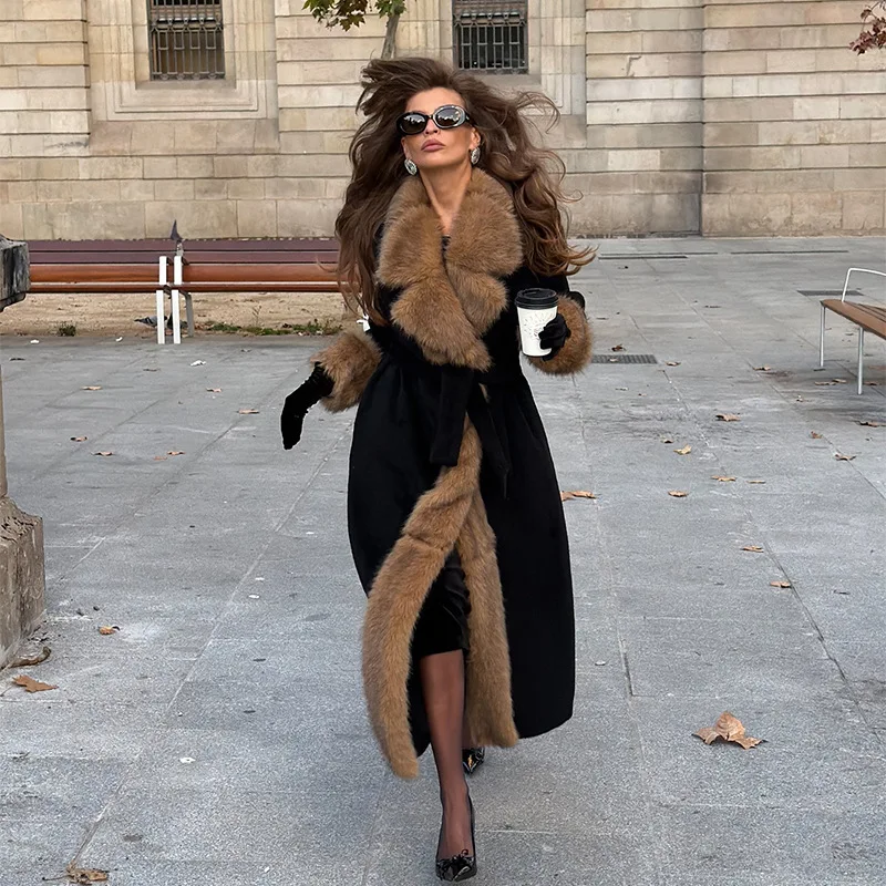Elegant Charm Waist-cinching Long Coat With Fur Trim Women Cream White Fur Collar Belted Long Wool Coat Elegant Winter Warm Z1JZ