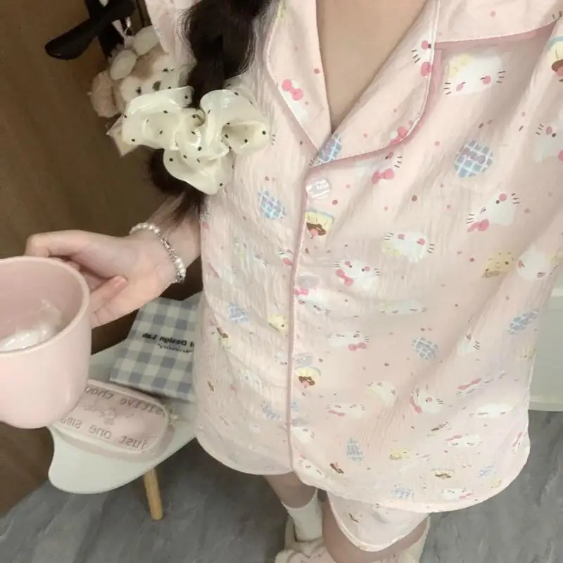 

Kawaii Hello Kitty's женский пижамный комплект, весенне-осенние брюки с длинными рукавами, студенческая одежда в стиле аниме из полиэстера, домашняя одежда для девочек, ночное белье