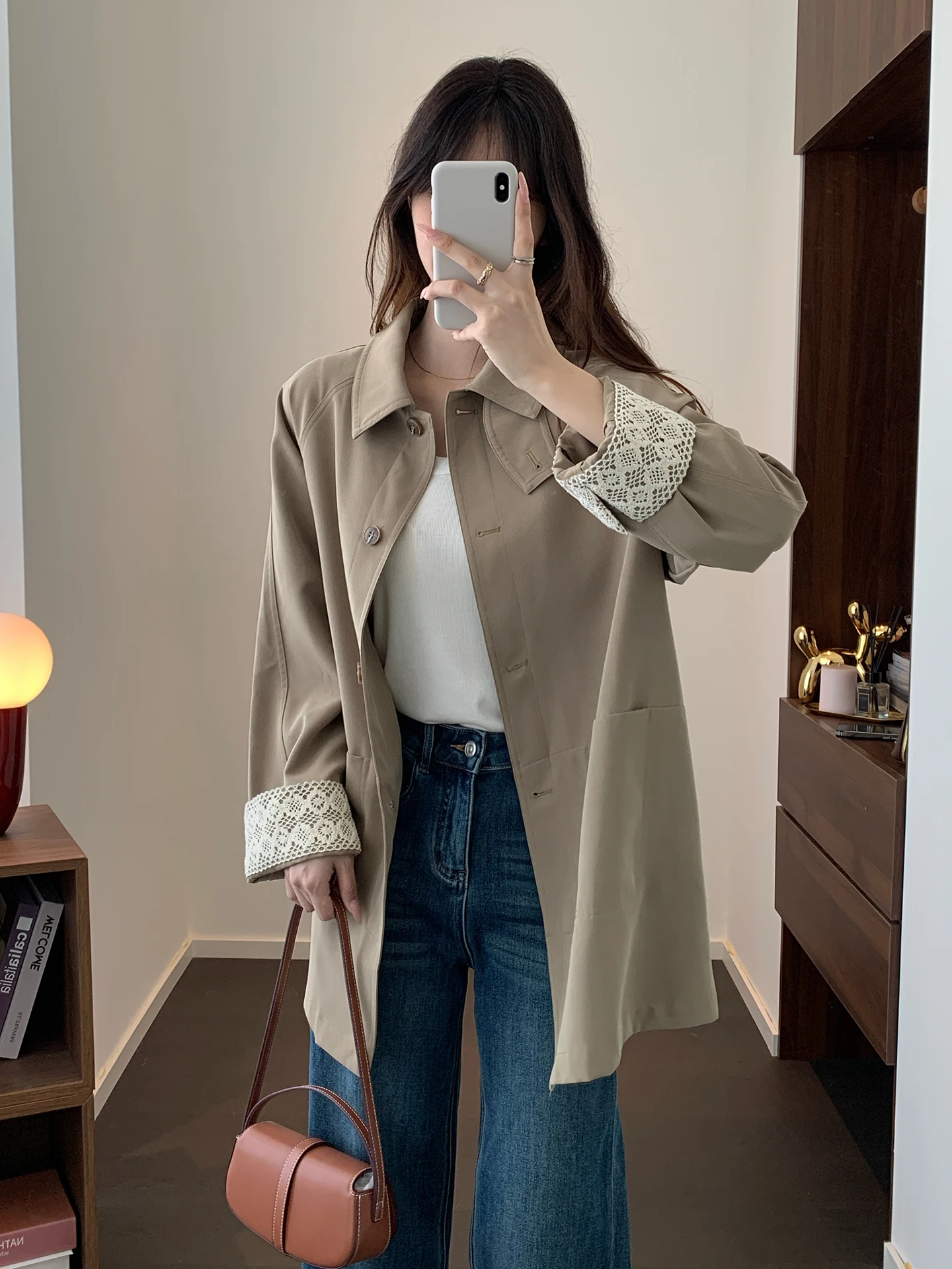 

Ветровка-пальто Ele Briti Sle с защитой от морщин, кружевными манжетами и воротником-стойкой, средней длины, для женщин