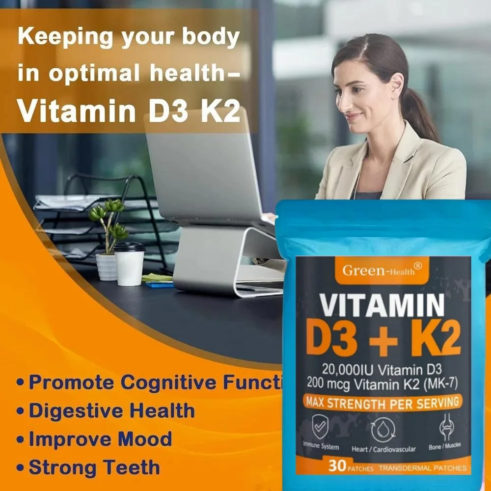 30 Patches Vitamin D3 & K2 Transdermal Patches Support Strong Bones & Muscle, Calcium Absorption & Immune Health