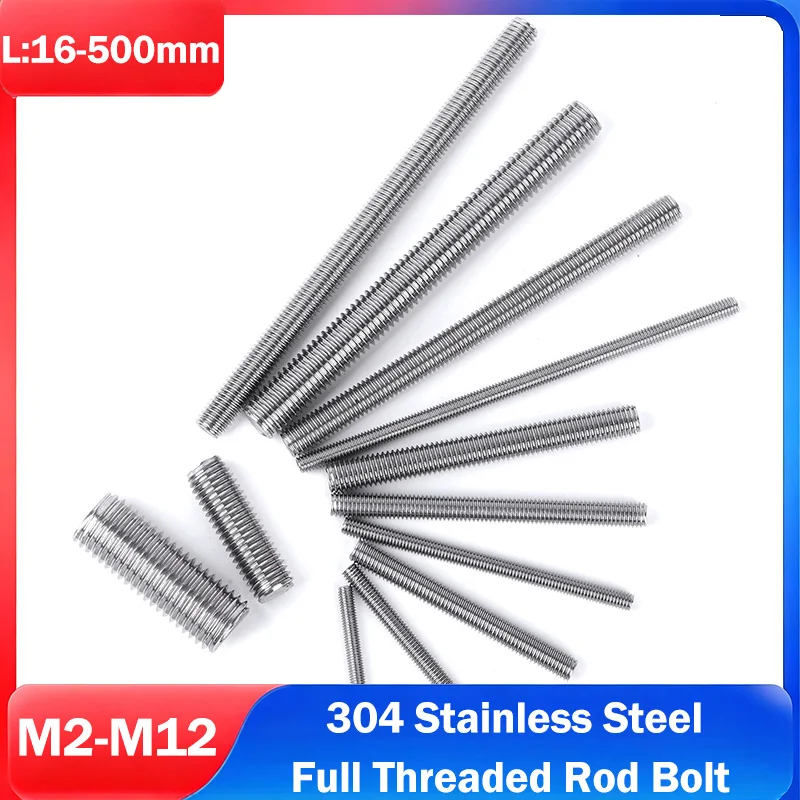 M2 M2.5 M3 M4 M5 M6 M8 M10 M12 304 Stainless Steel Full Threaded Rod Bolt Fully Metric Headless Bolt Thread Stud Rods Screws