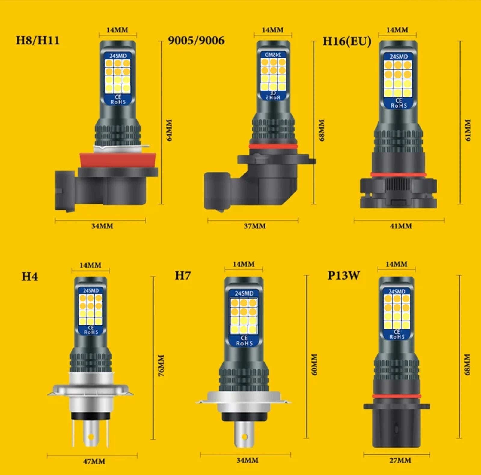 Luz Led antiniebla para coche, lámparas antiniebla H7, H11, 9005, HB4, 3030, 24Smd, 9006, HB4, 12V, blanco, amarillo, 2 piezas