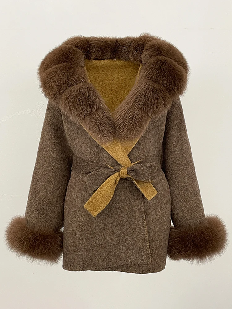 2025 New Winter Clothing Women Commute Belt Real Fur Wool Coat Female Fashion Outerwears Natural Fox Fur Woolen Jacket