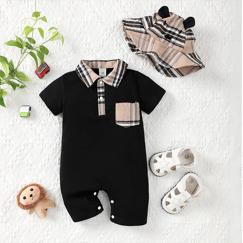 Baby Boys Romper Set Short Sleeve Turn-down Collar Plaid Summer Short Jumpsuit with Hat 2 PCS Infant Clothes Set