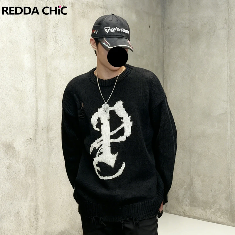 

REDDACHIC Pixel Letter #P Sweater for Men Warm Oversize Long Sleeves Pullover O-neck Jumper Top Hip Hop Autumn Winter Clothes
