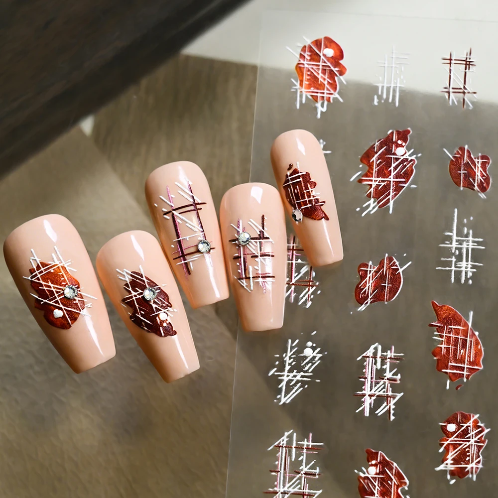 1pc 5D Red Checkered Nail Stickers Relief Retro Long Lasting Waterproof Nail Decals For Women Daily Wear Date Gift DIY Manicure*