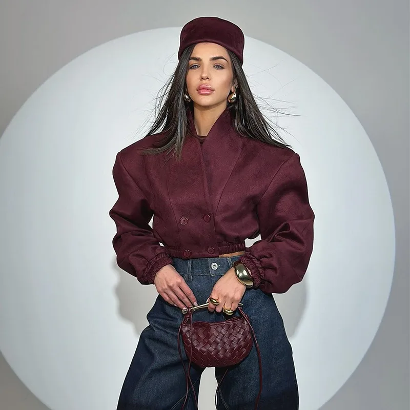 Y2k Women's Clothing Cropped Jacket Spring New Harajuku Wine Red Coat V-neck Double-breasted Long Sleeves Short Coat Chic