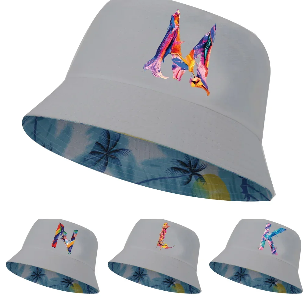 

Unisex Bucket Hat Man Women Cotton Reversible Fisherman Cap Girl Boy Outdoor Beach Double-sided Caps paint Initial Name Series