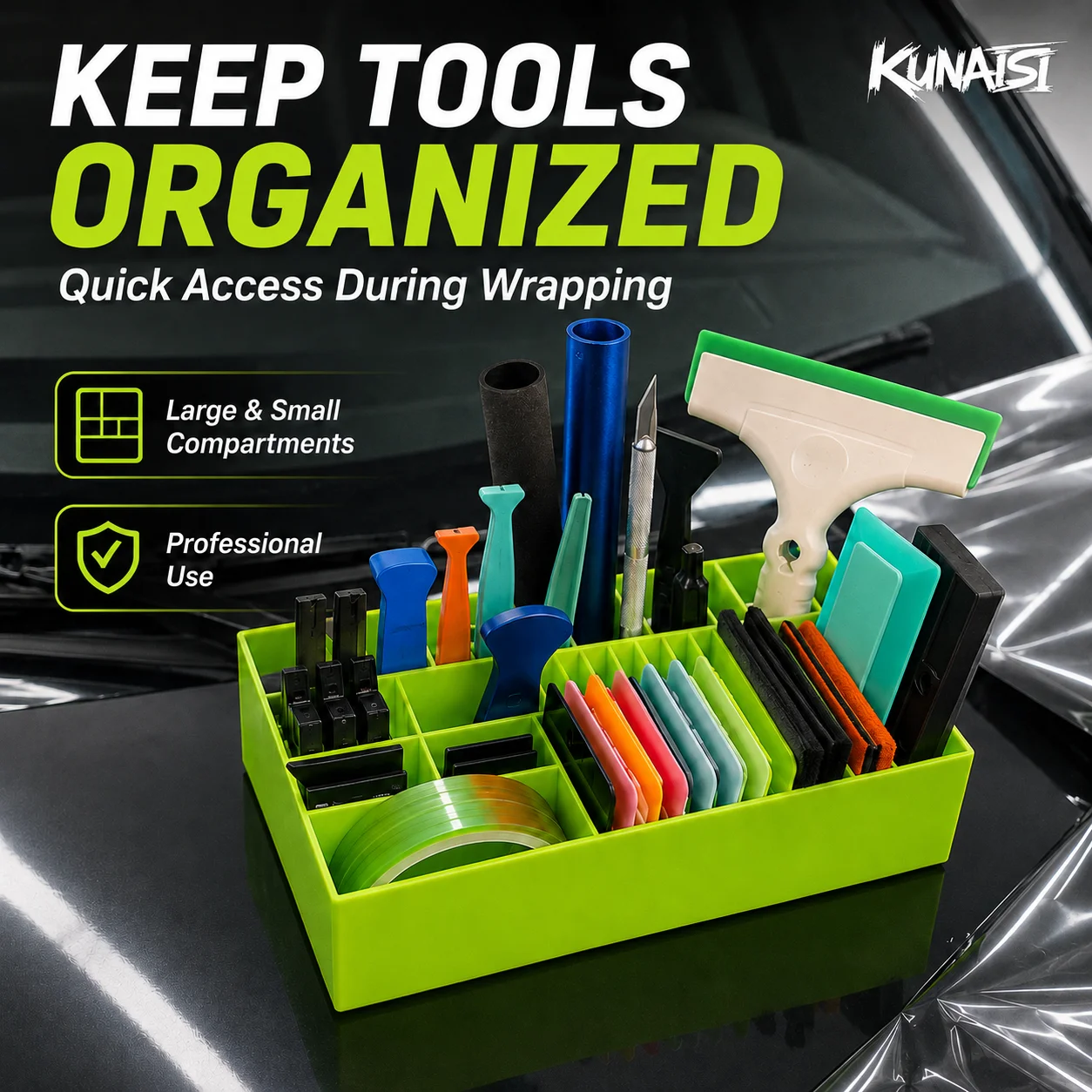 KUNAISI Car Wrap Tool Storage Box Multi-Compartment Organizer for Vinyl Tint Film Squeegee Blades Tools Green Orange