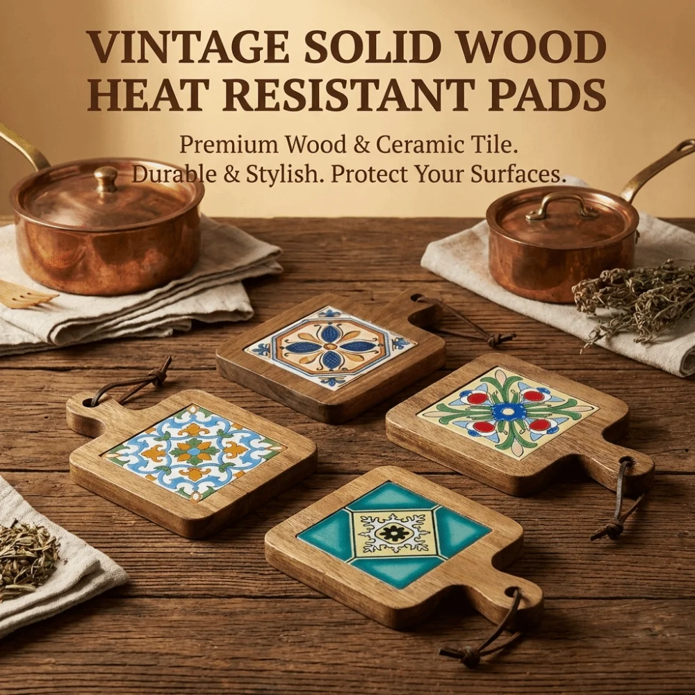 Japanese Style Heat Resistant Solid Wood Coaster Retro Square Wood Ceramic Tile Floral Protective Casserole Mat Dining Table