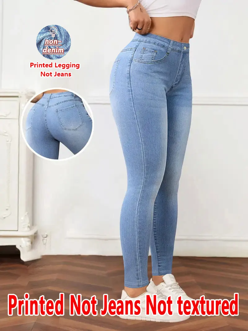 5964 Women's Non-Leather Denim Fabric Tight Pants Printed Base Layer Long Trousers Four Seasons Wearable Ladies Slim Fit Tights