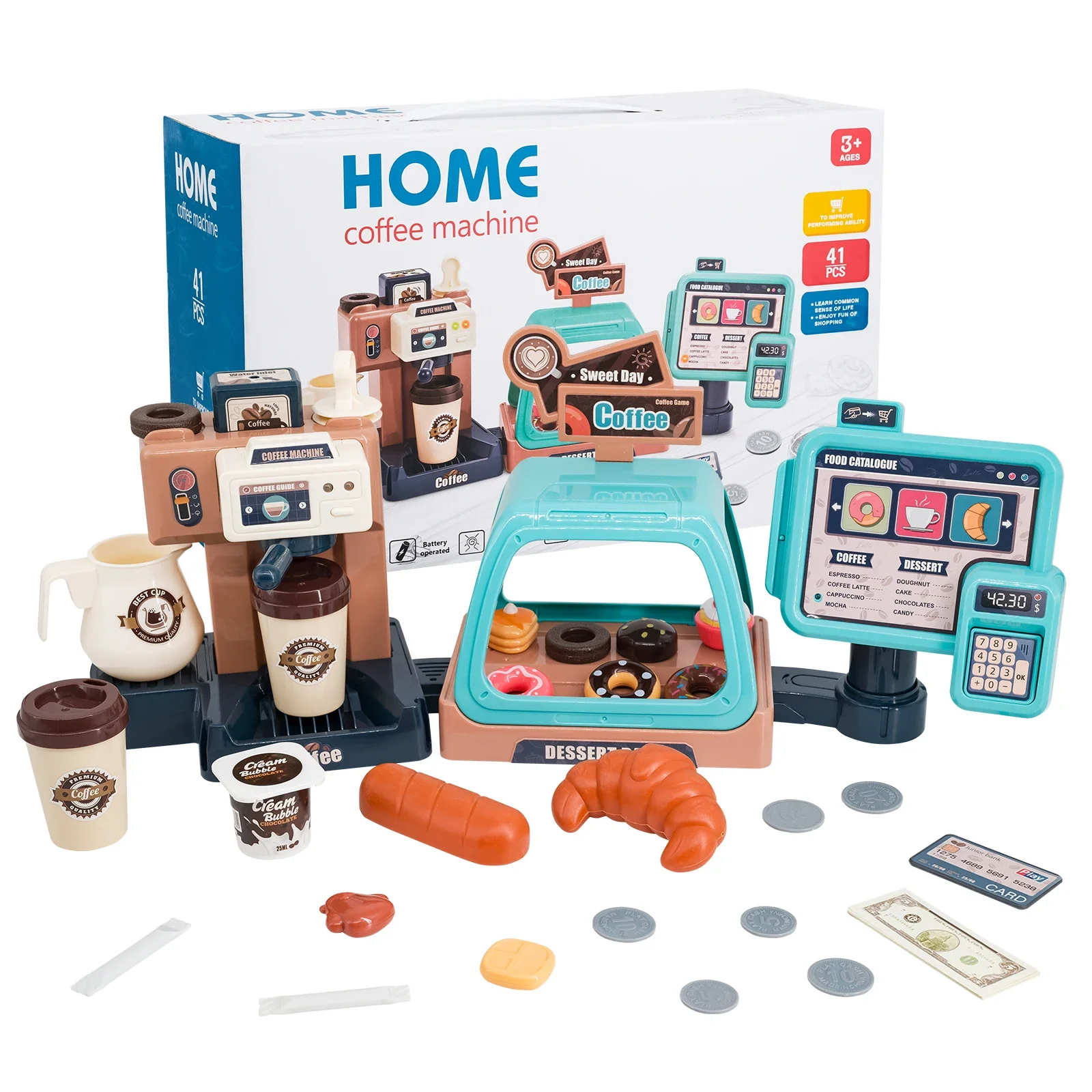 3 In 1 Coffee Machine Toy Set Kitchen Toys Simulation Food Bread Coffee Cake Pretend Play Shopping Cash Register Toys For Kids