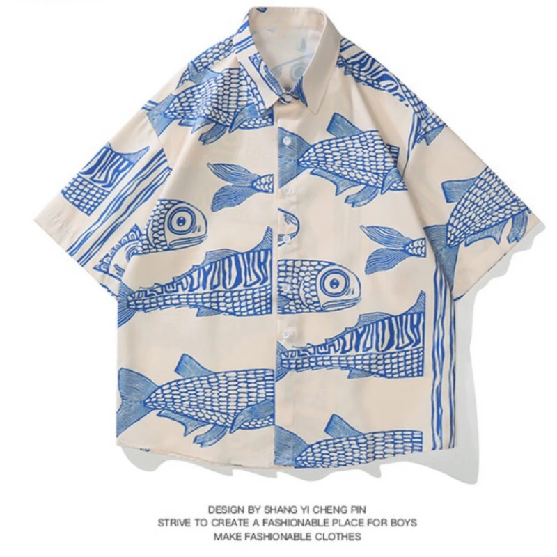 

Short Sleeved Japanese Vintage Fish Full Print Shirt Men Women Hawaii Vacation Couple Floral Shirt