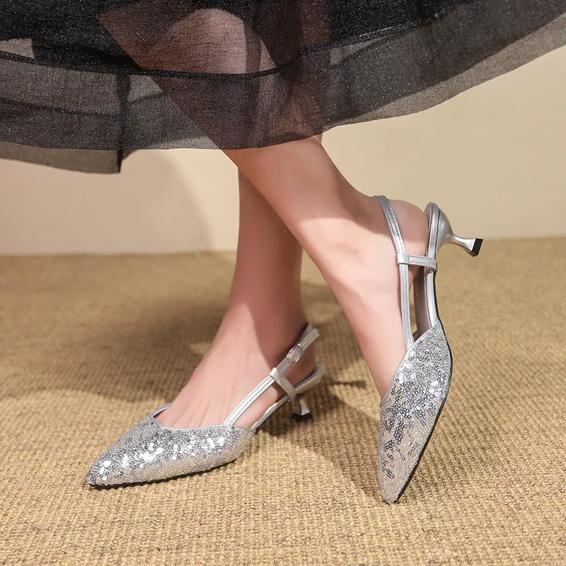 2025 novas senhoras sapatos fivela cinta salto alto feminino moda lantejoulas vestido melhor vendedor elegante sandálias de dedo do pé fechado zapatos mujer