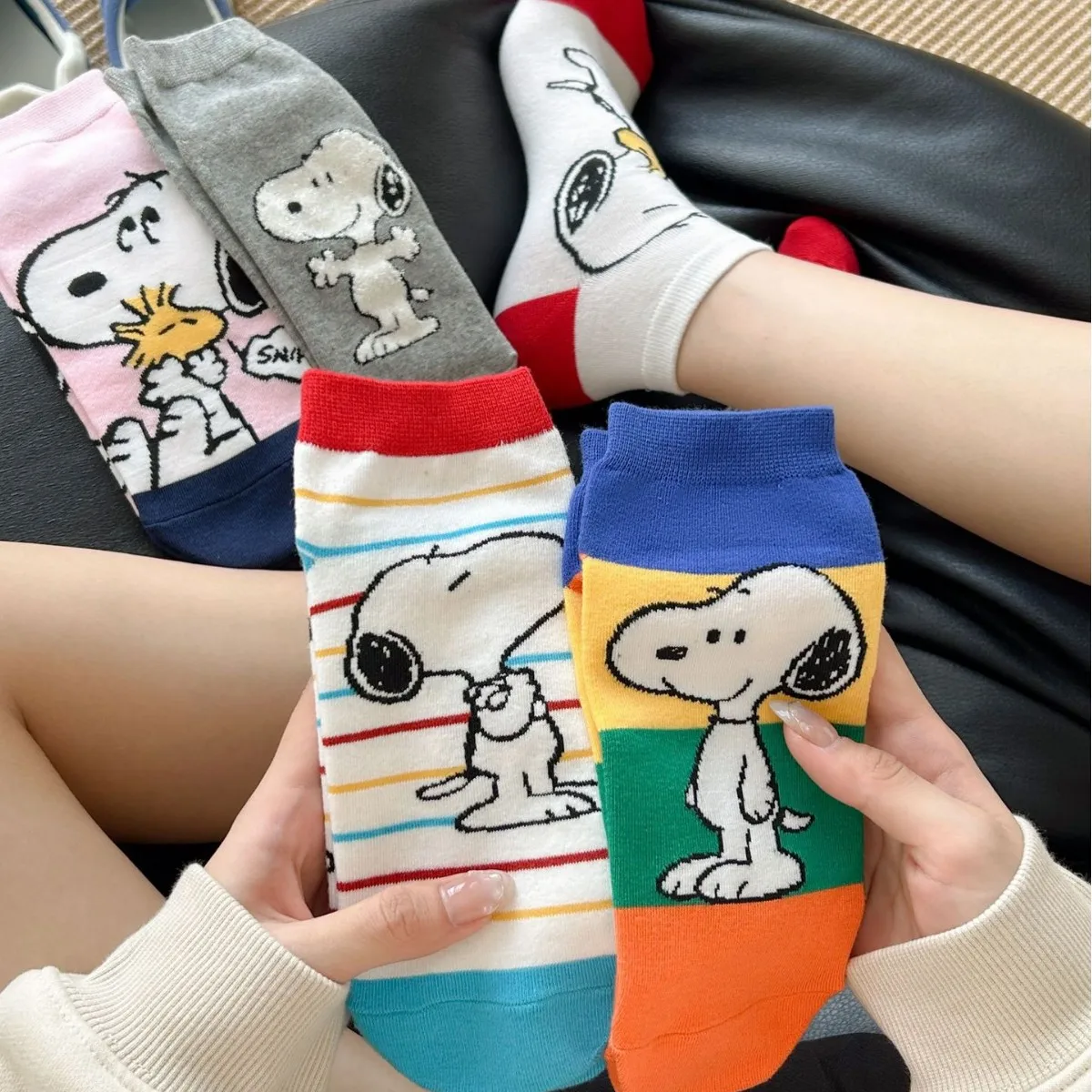

5Pair Cartoon For Snoopy Boat Socks New Cute Autumn/Winter Warm Cotton Socks One Size Fits All Breathable Short Socks Unisex Gif