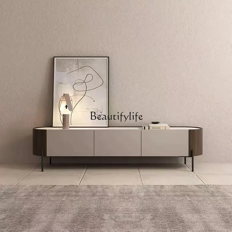 

88.Italian minimalist postmodern advanced gray TV cabinet light luxury rock slab arc bedroom floor cabinet complete