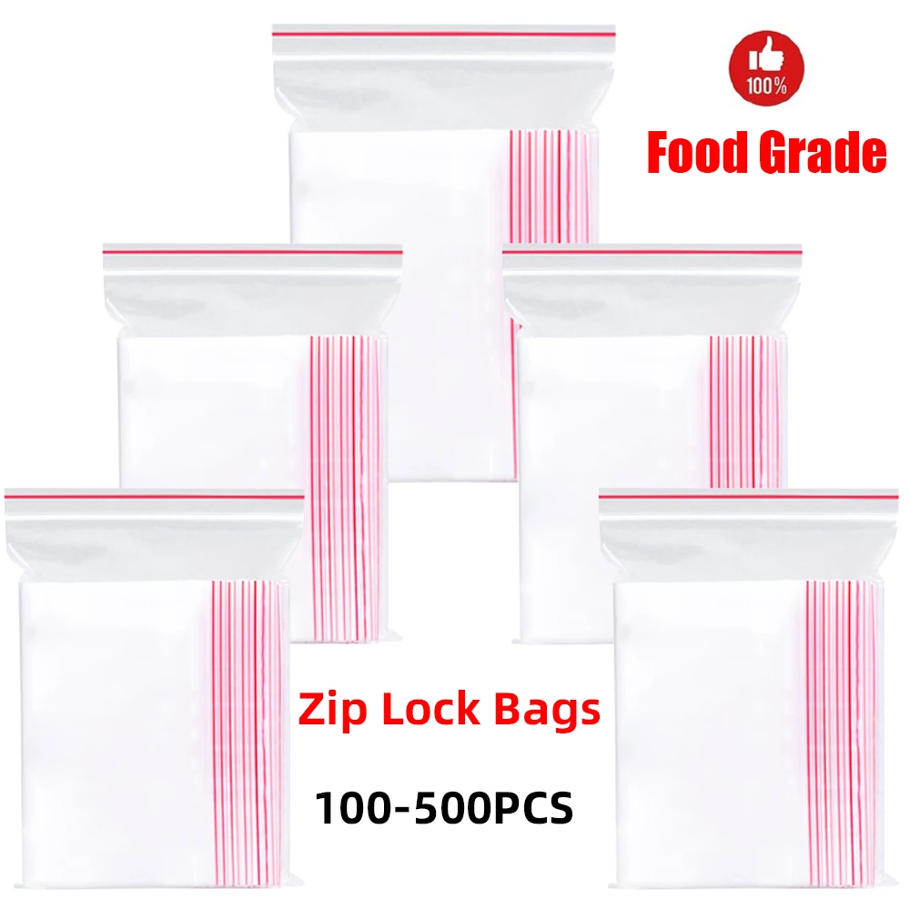 Bolsa de polietileno transparente con autosellado, paquete de almacenamiento de alimentos al vacío, organizador fresco, piezas resellable, 100-500 bolsas de plástico Zip Lock