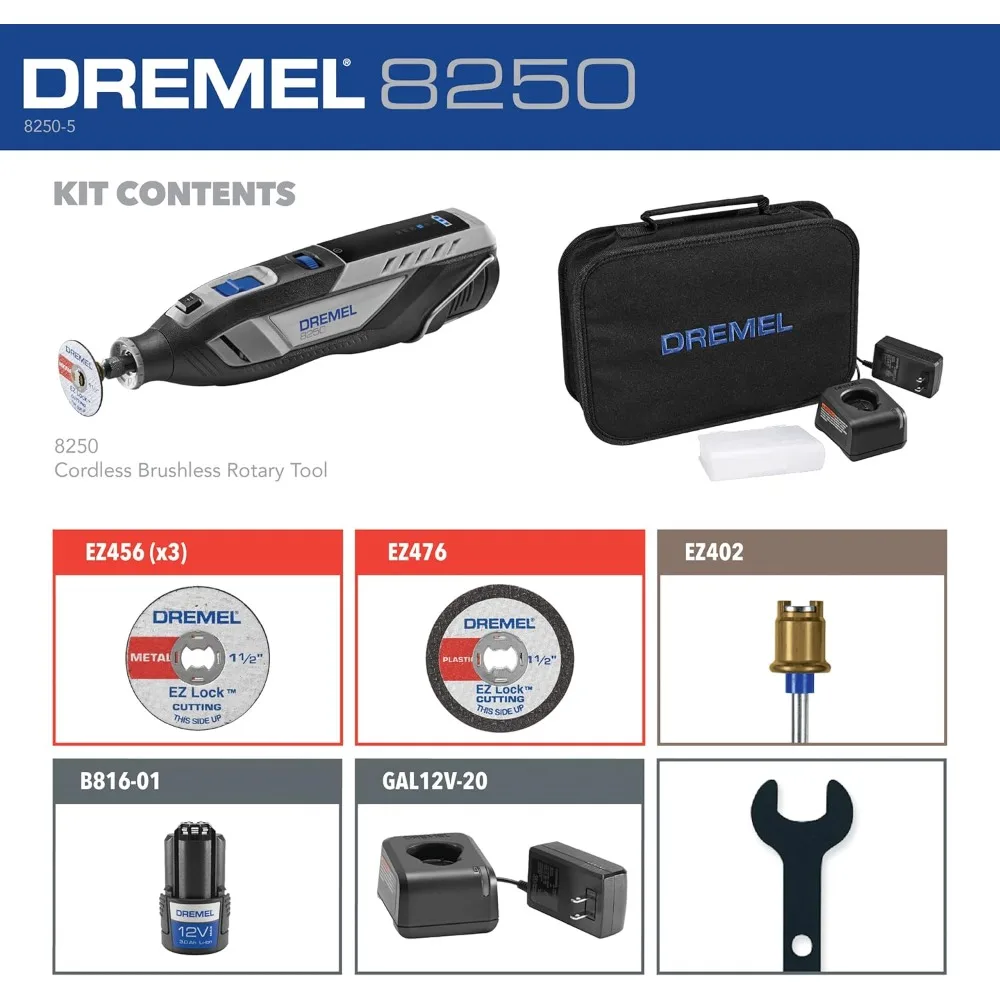 8250-5 12V Lithium-Ion Variable Speed Cordless Rotary Tool with Brushless Motor - 5 Rotary Tool Accessories