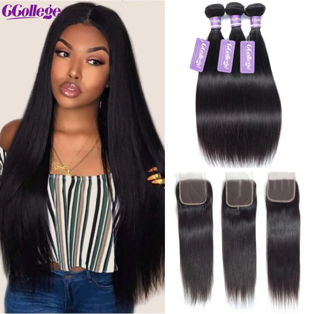 Peruvian Straight Hair 3/4 Bundles With Closure Closures With Bundles Bone Straight Human Hair Bundles With Lace Closures