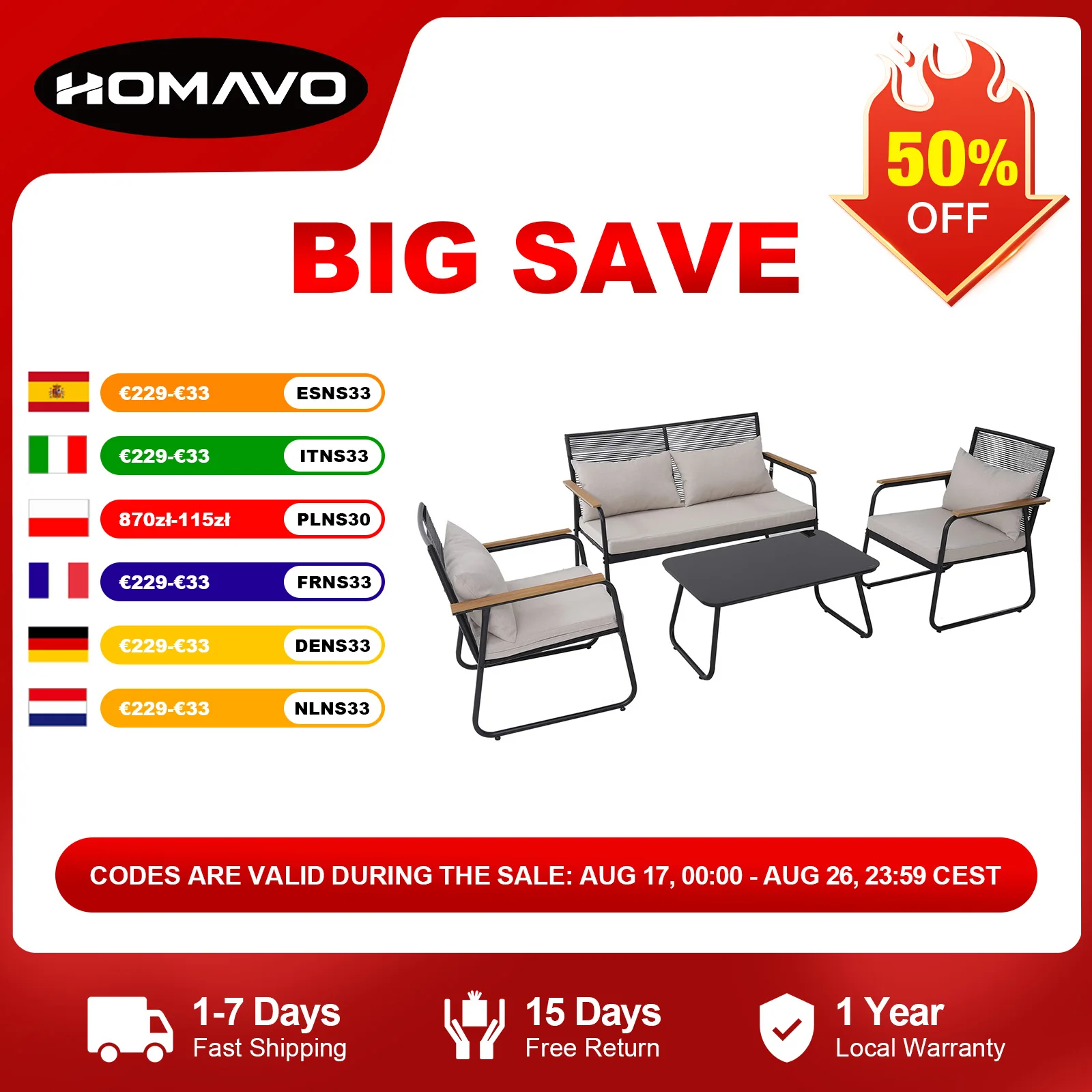 HOMAVO Gartenlounge-Set, 4-Sitzer Rattan-Sofa, dicke Sitzkissen, abnehmbare Rückenlehne, hochbelastbarer Metallrahmen