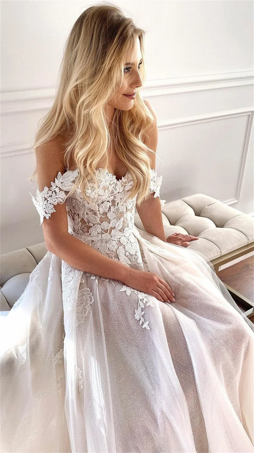 Amanda White Lace Embroidery vestidos de noche Off the Shoulder Prom Dresses Sweep Train Sleeveless Tulle Formal Evening 2024